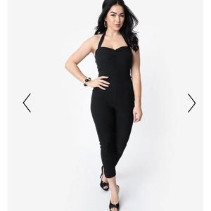 Unique Vintage 1950s Style Black Halter Marcel Cropped Jumpsuit
